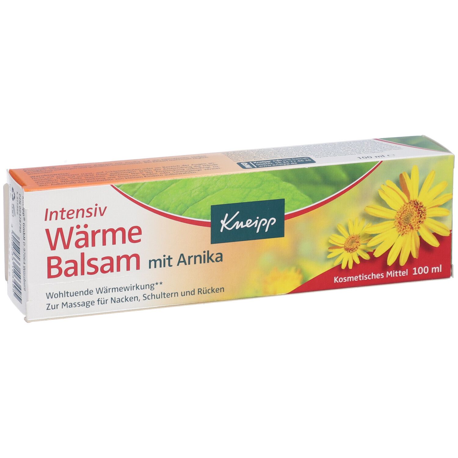 Kneipp Balsamo con Arnica. Confezione del prodotto con design floreale. Scritta: Intensiv Wärme Balsam. Fiori gialli.