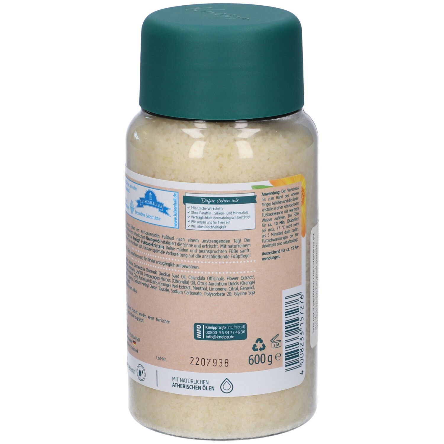 Flacone trasparente con coperchio verde. Etichetta con informazioni e ingredienti. 600g.