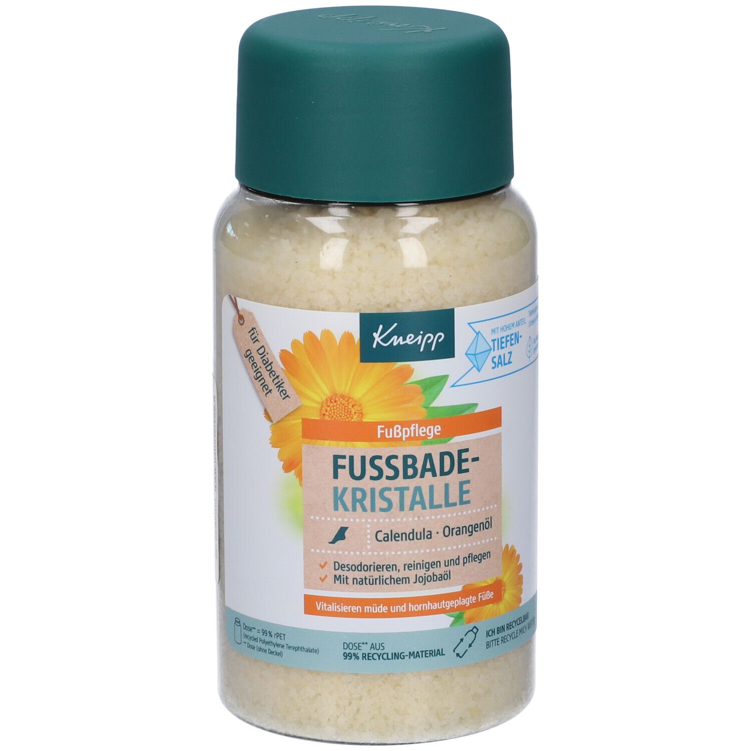 Flacone cilindrico con coperchio verde. Etichetta con nome prodotto: Fussbade-Kristalle. Con calendula e olio d'arancia.