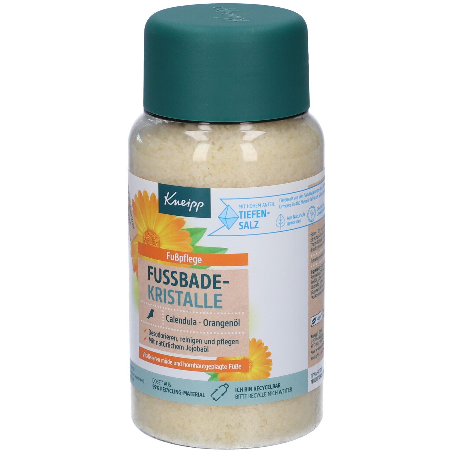 Flacone cilindrico con coperchio verde. Etichetta con nome prodotto: Fussbade-Kristalle. Con calendula e olio d'arancia.
