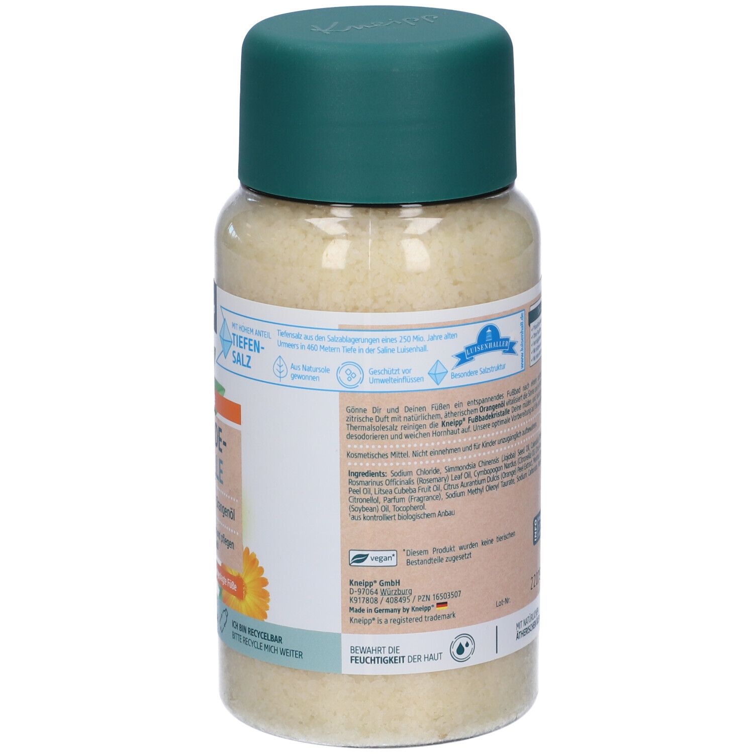 Flacone trasparente con coperchio verde. Etichetta con informazioni, ingredienti e certificazioni.