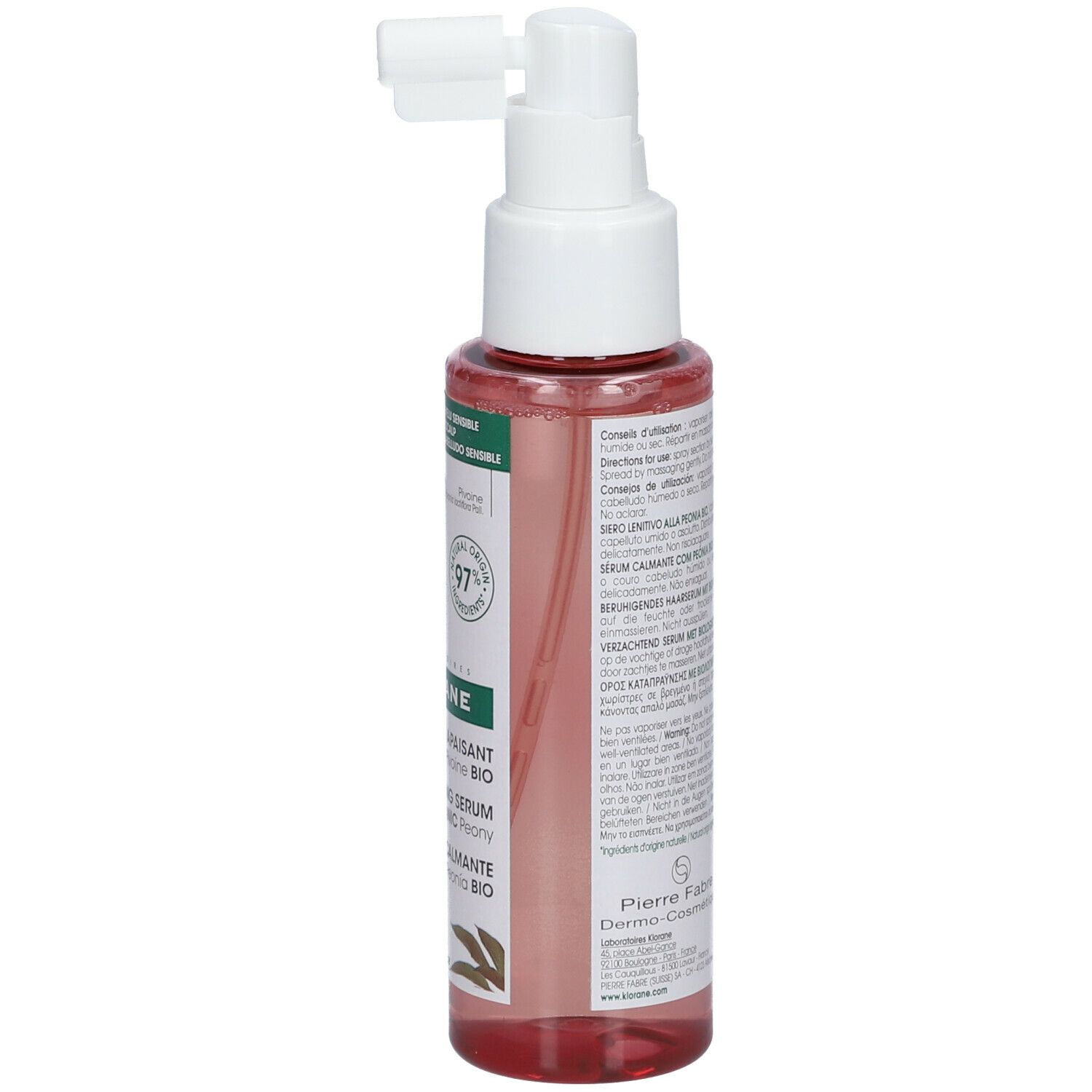 Flacone con testo. Liquido rosa. Scritte: KLORANE, Siero Lenitivo alla Peonia Bio, 97% ingredienti di origine naturale.