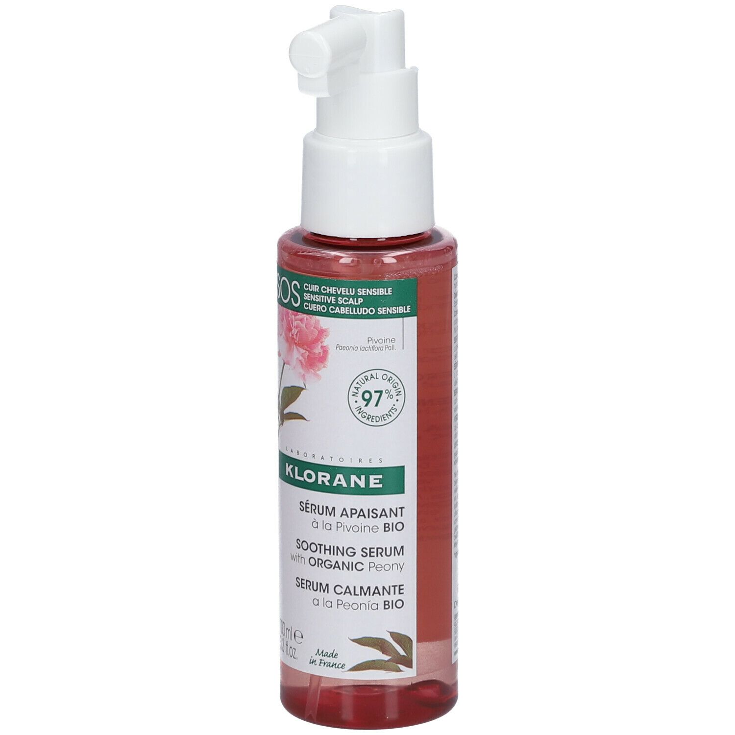 Flacone con testo. Liquido rosa. Scritte: KLORANE, Siero Lenitivo alla Peonia Bio, 97% ingredienti di origine naturale.