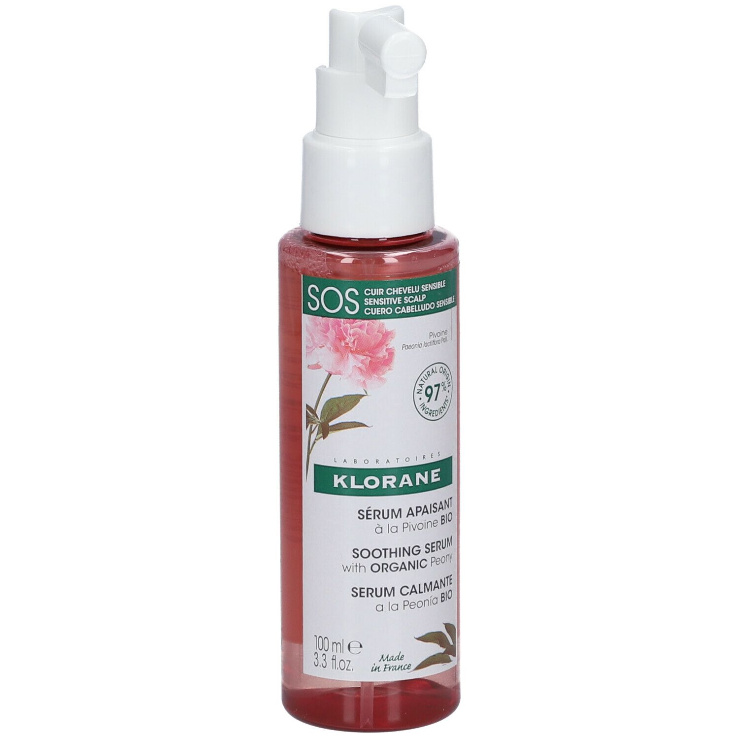 Flacone con testo. Liquido rosa. Scritte: KLORANE, Siero Lenitivo alla Peonia Bio, 97% ingredienti di origine naturale. 100 ml.