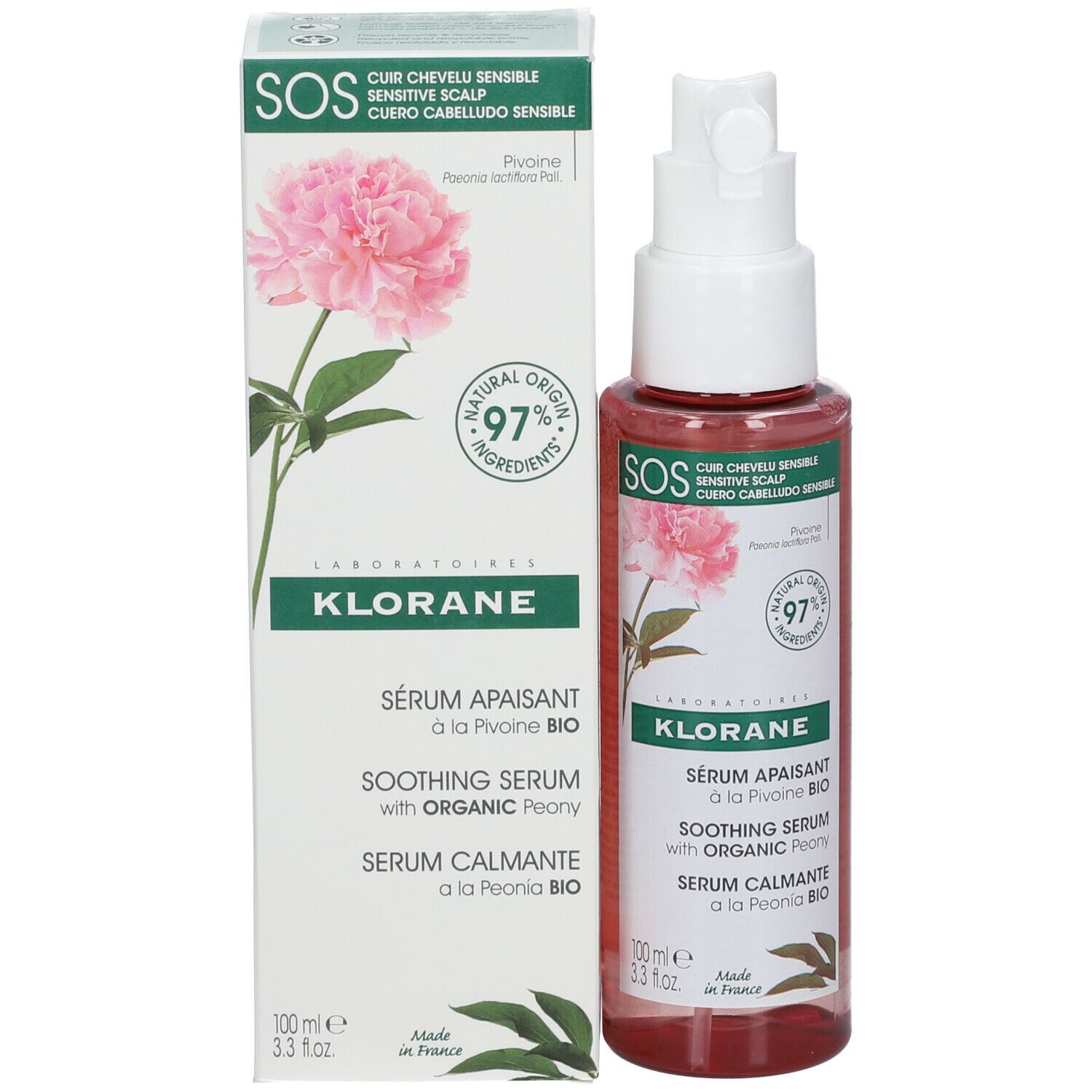 Prodotto e confezione. Flacone e scatola. Scritte: KLORANE, Siero Lenitivo alla Peonia Bio, 97% ingredienti di origine naturale. 100 ml.