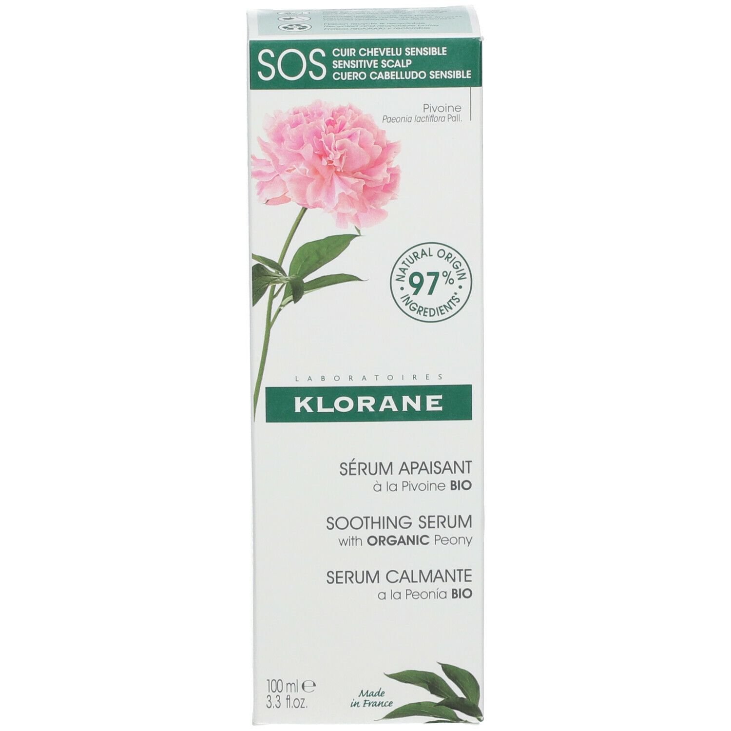 Confezione. Scritte: KLORANE, Siero Lenitivo alla Peonia Bio, 97% ingredienti di origine naturale.