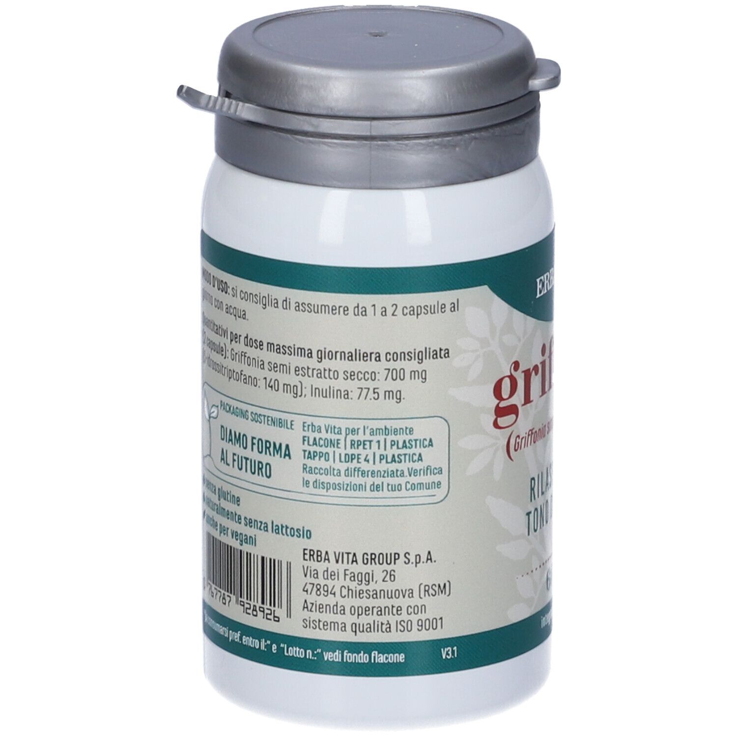 Retro del flacone bianco con tappo grigio. Testo in italiano. Informazioni sulla composizione.