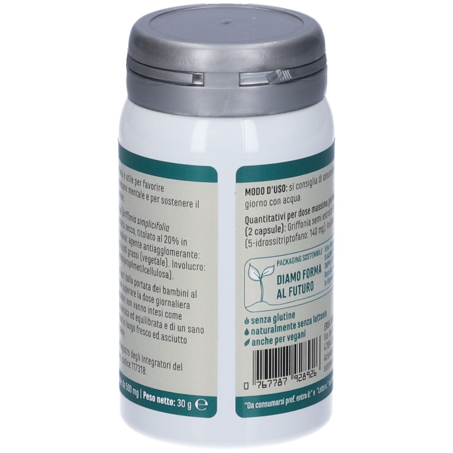 Retro del flacone bianco con tappo grigio. Testo in italiano. Informazioni sull'uso.