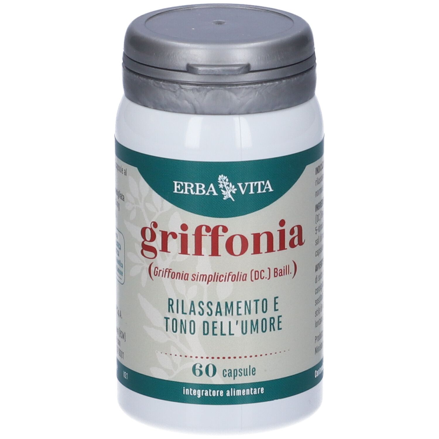 Flacone bianco con tappo grigio. Scritta: Erba Vita, Griffonia, 60 capsule. Testo in italiano.