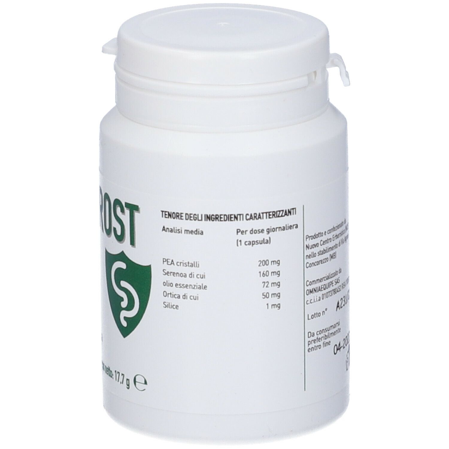 Flacone bianco con etichetta verde. Testo: ingredienti, analisi. Tappo con chiusura di sicurezza.