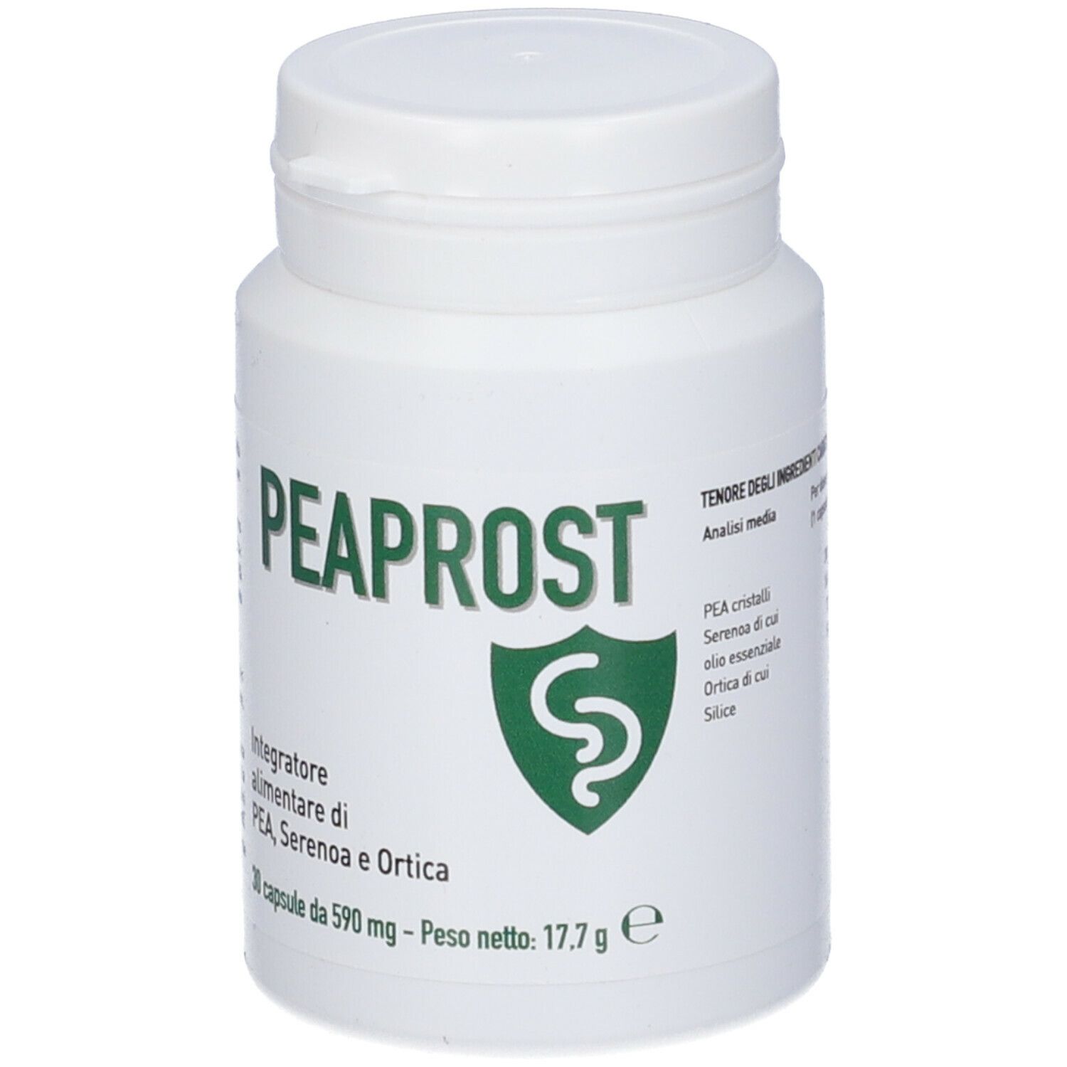 Flacone bianco con etichetta verde. Scritta: PEAPROST. Contiene 30 capsule. Peso netto: 17,7 g.