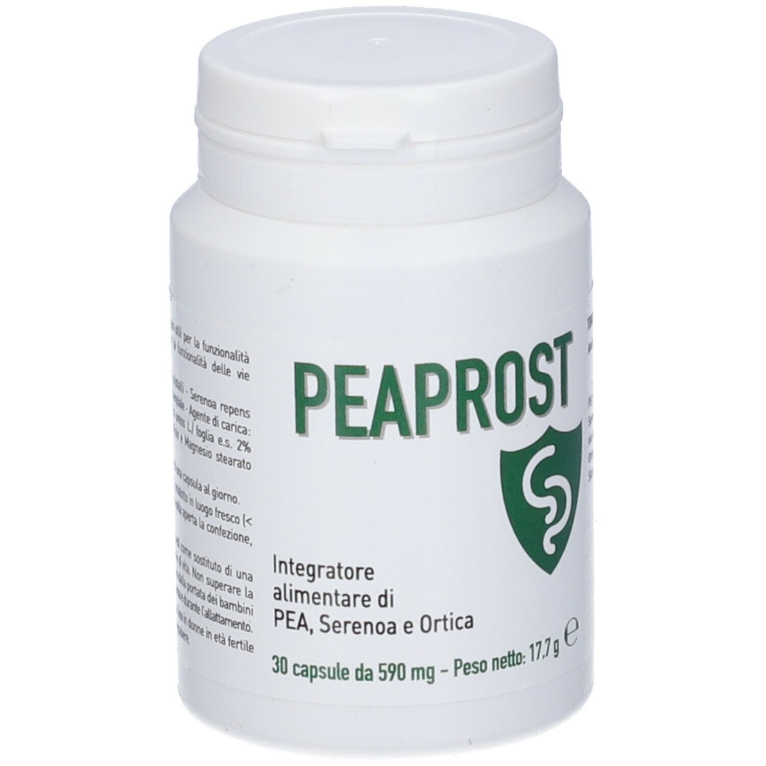 Flacone bianco con etichetta verde. Scritta: PEAPROST. Contiene 30 capsule. Peso netto: 17,7 g.