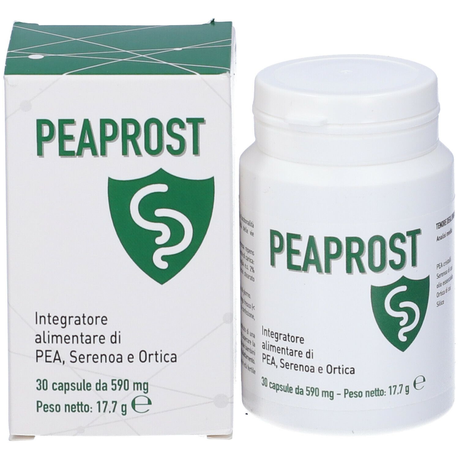 Confezione e flacone. Confezione: bianca con logo e testo verdi. Flacone: bianco, etichetta verde.
