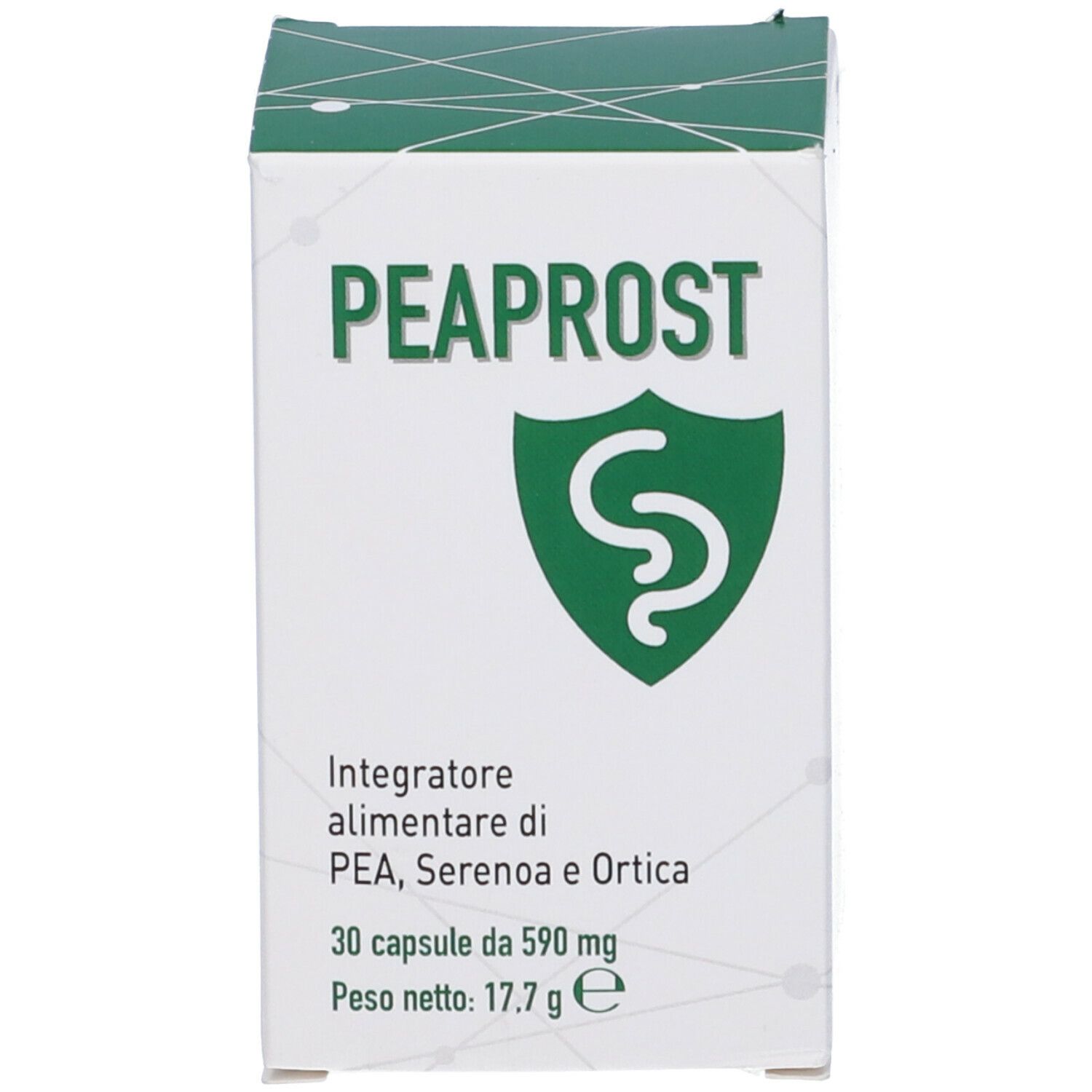 Confezione bianca con logo e testo verdi. Scritta: PEAPROST. Contiene 30 capsule. Peso netto: 17,7 g.