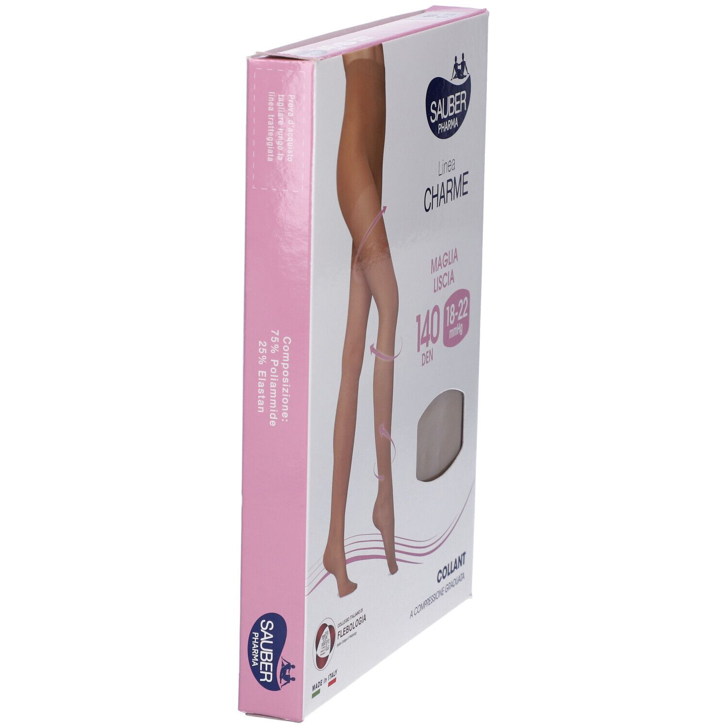 Vista laterale della confezione. Sauber Pharma, linea Charme. 140 den, 18-22 mmHg. Collant a compressione. 75% poliammide, 25% elastan.