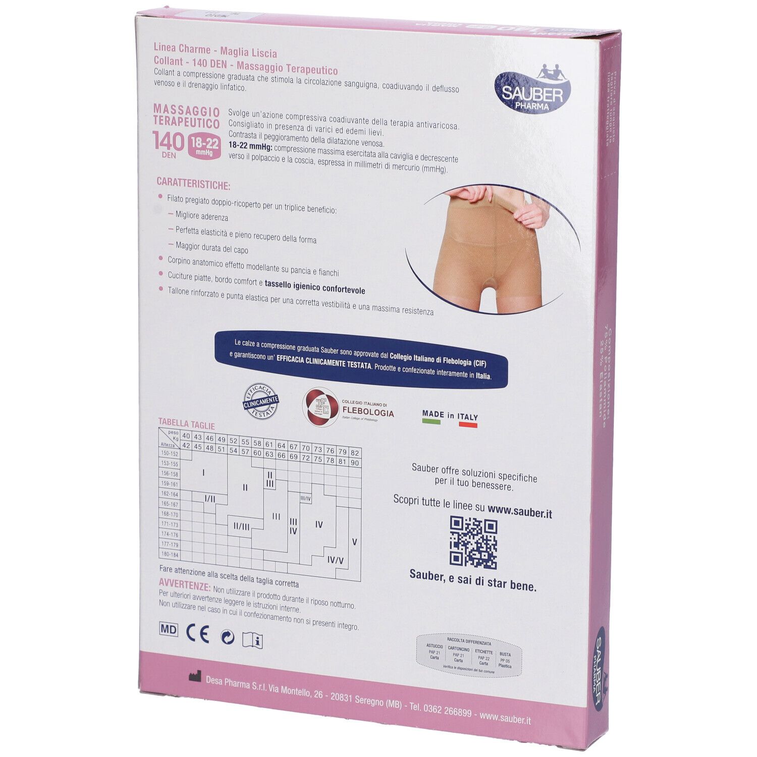 Retro della confezione. Sauber Pharma, linea Charme. 140 den, 18-22 mmHg. Collant a compressione. Informazioni taglie e QR code.