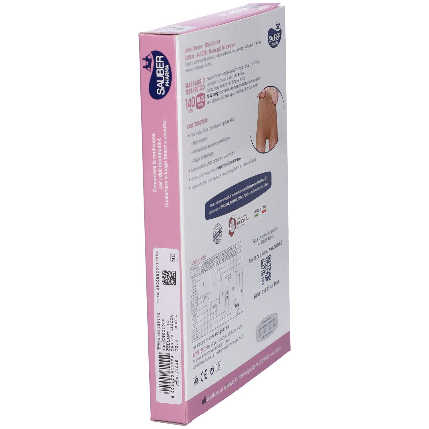 Vista laterale della confezione. Sauber Pharma, linea Charme. 140 den, 18-22 mmHg. Collant a compressione. Informazioni taglie e QR code.