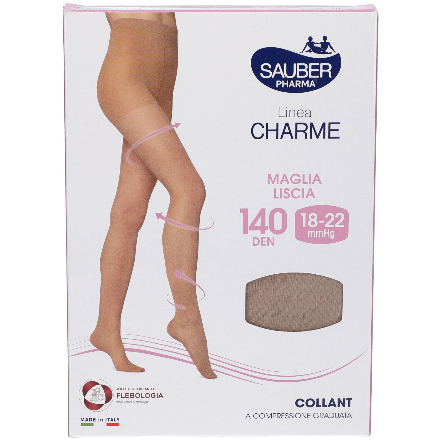 Confezione collant Sauber Pharma, linea Charme. 140 den, 18-22 mmHg. Collant a compressione graduata. Certificazione Flebologia.