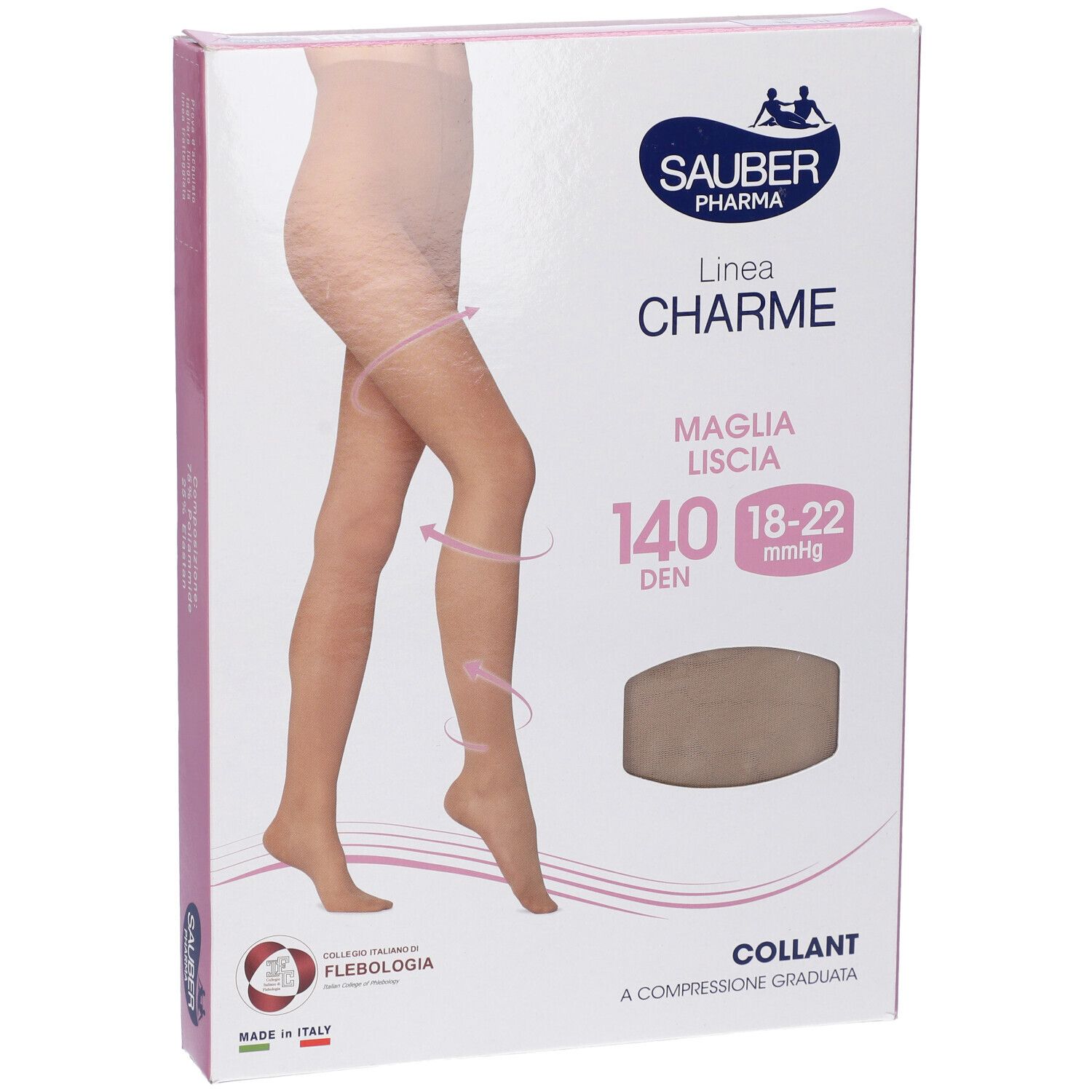 Confezione collant Sauber Pharma, linea Charme. 140 den, 18-22 mmHg. Collant a compressione graduata. Certificazione Flebologia.