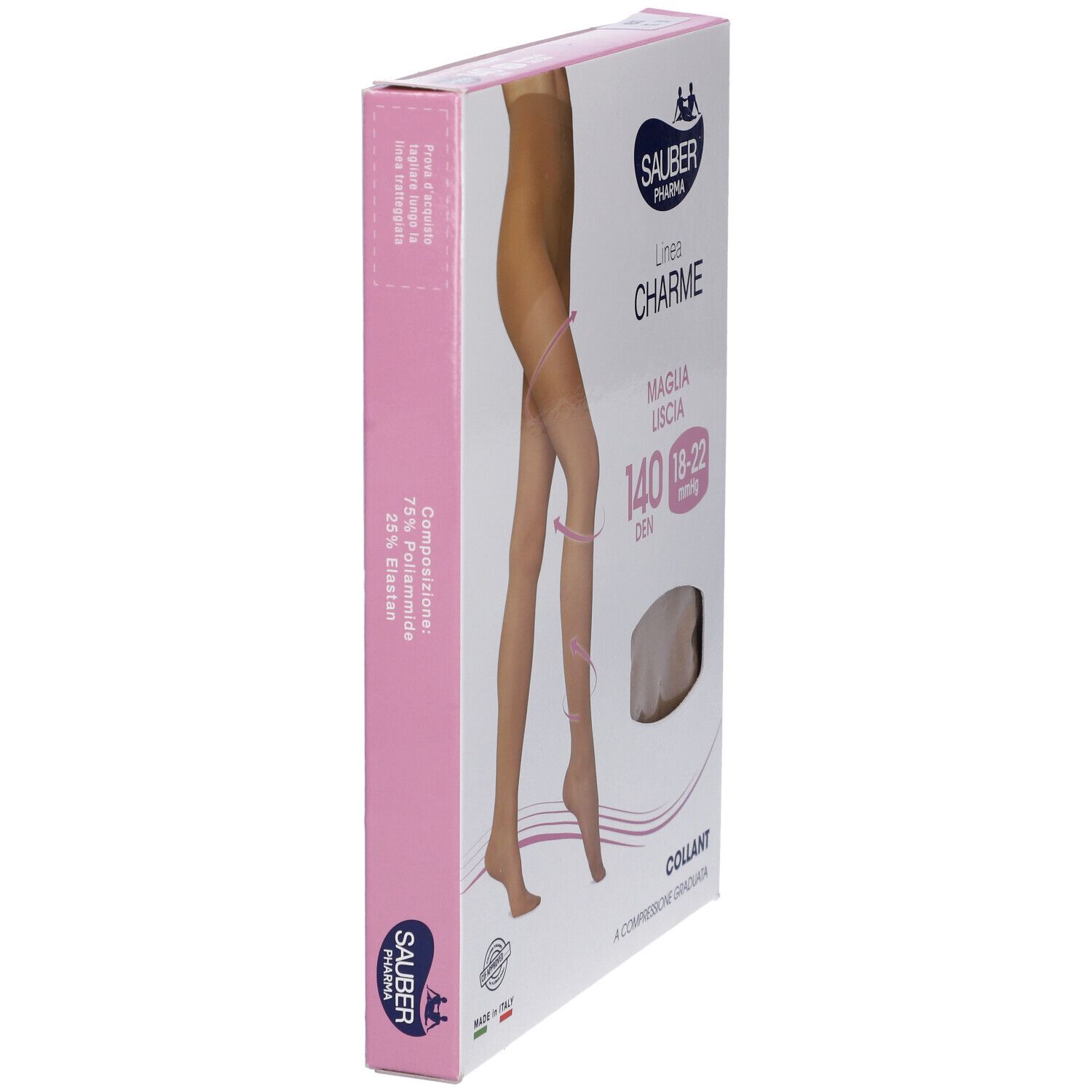 Vista laterale della confezione. Marca Sauber Pharma, linea Charme. 140 den, 18-22 mmHg. Rosa e bianco.