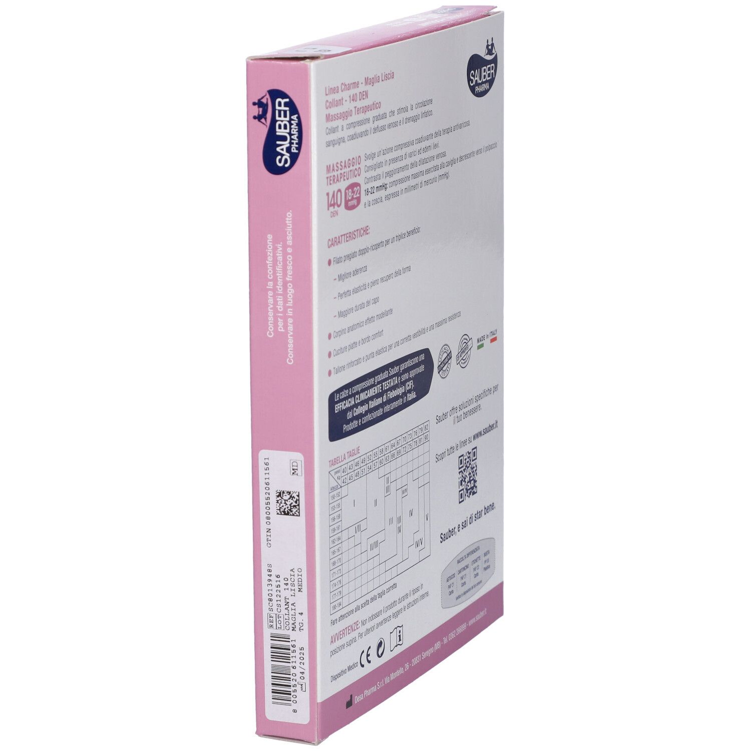 Vista laterale della confezione. Marca Sauber Pharma. Informazioni e codice QR. Rosa e bianco.