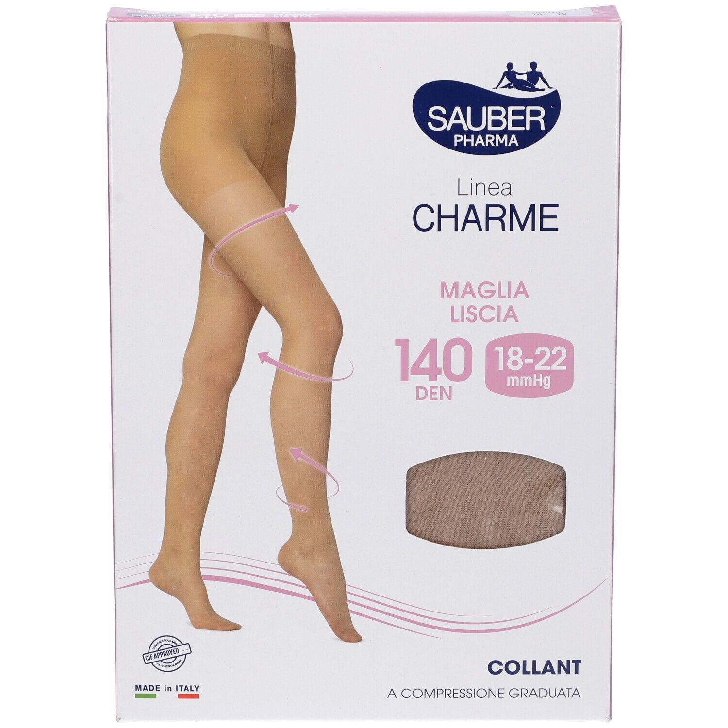 Confezione collant Sauber Pharma, linea Charme. 140 den, 18-22 mmHg. Collant beige illustrato.