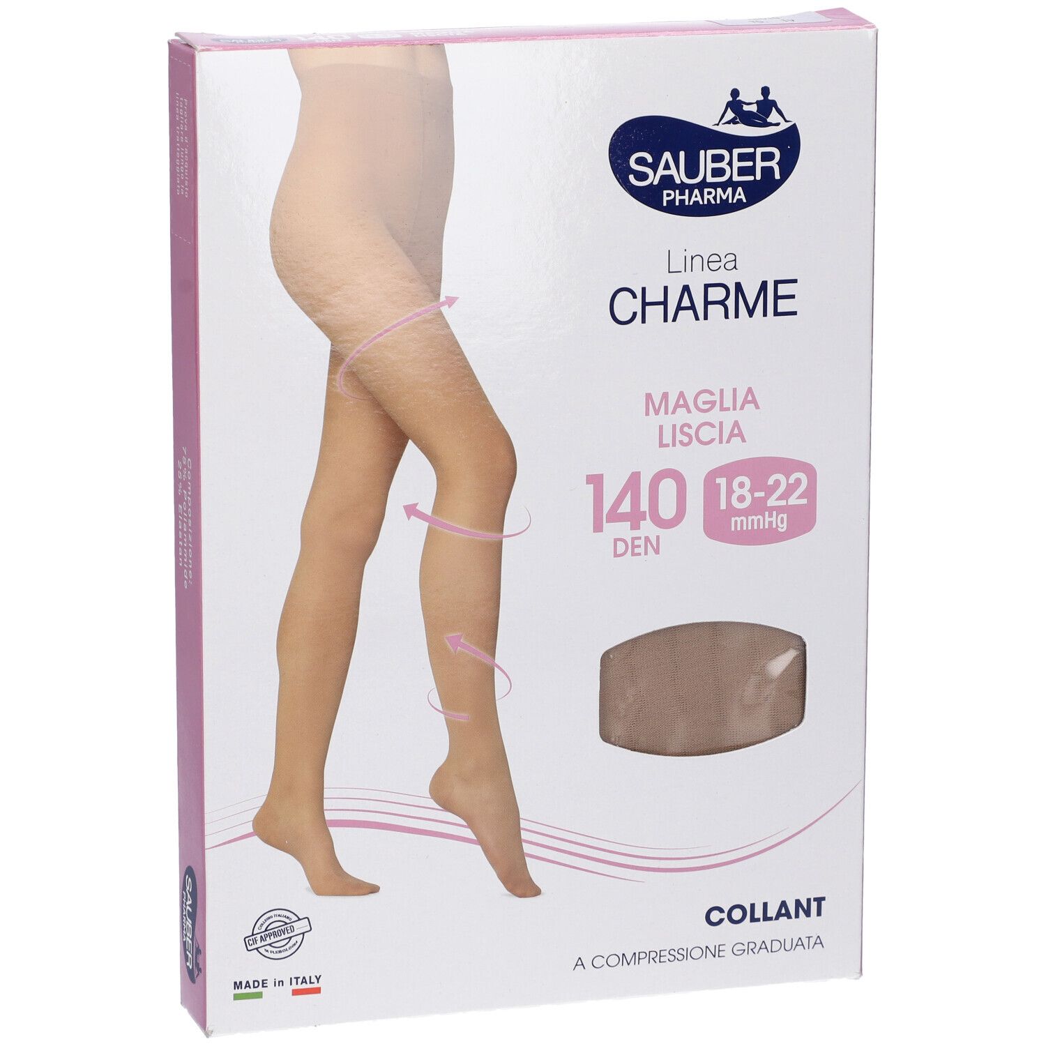 Confezione collant Sauber Pharma, linea Charme. 140 den, 18-22 mmHg. Collant beige illustrato.