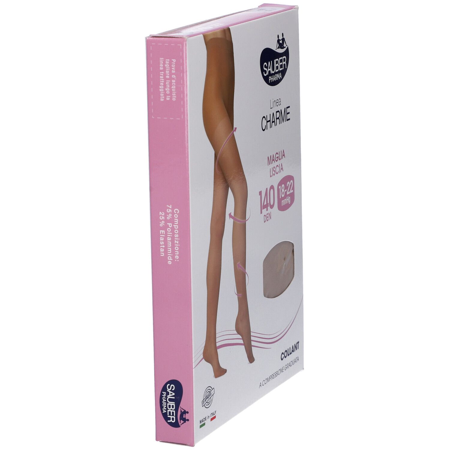 Confezione collant Sauber Pharma, linea Charme. Vista laterale, rosa e bianco. 140 den, 18-22 mmHg. Immagine prodotto.
