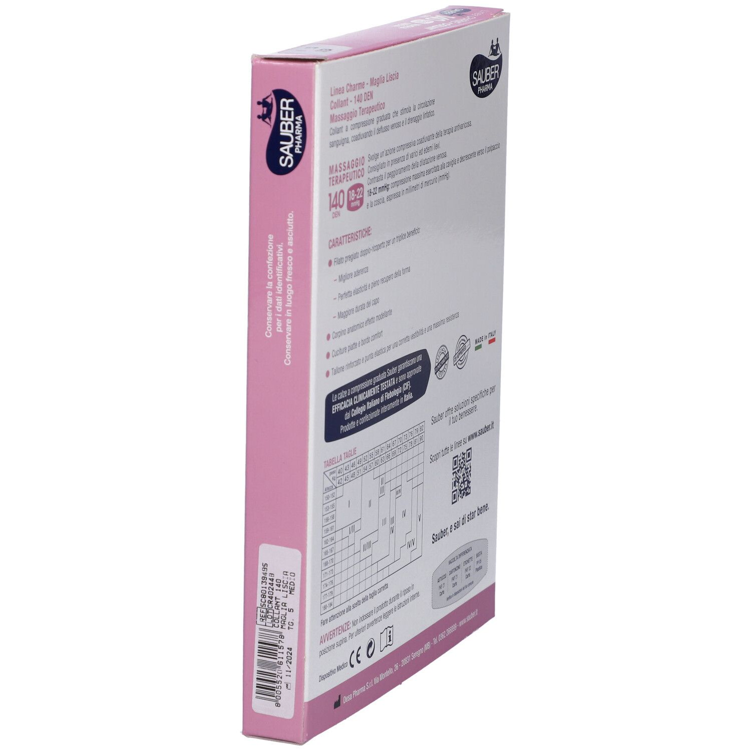 Vista laterale confezione collant Sauber Pharma, linea Charme. Informazioni prodotto, rosa e bianco.