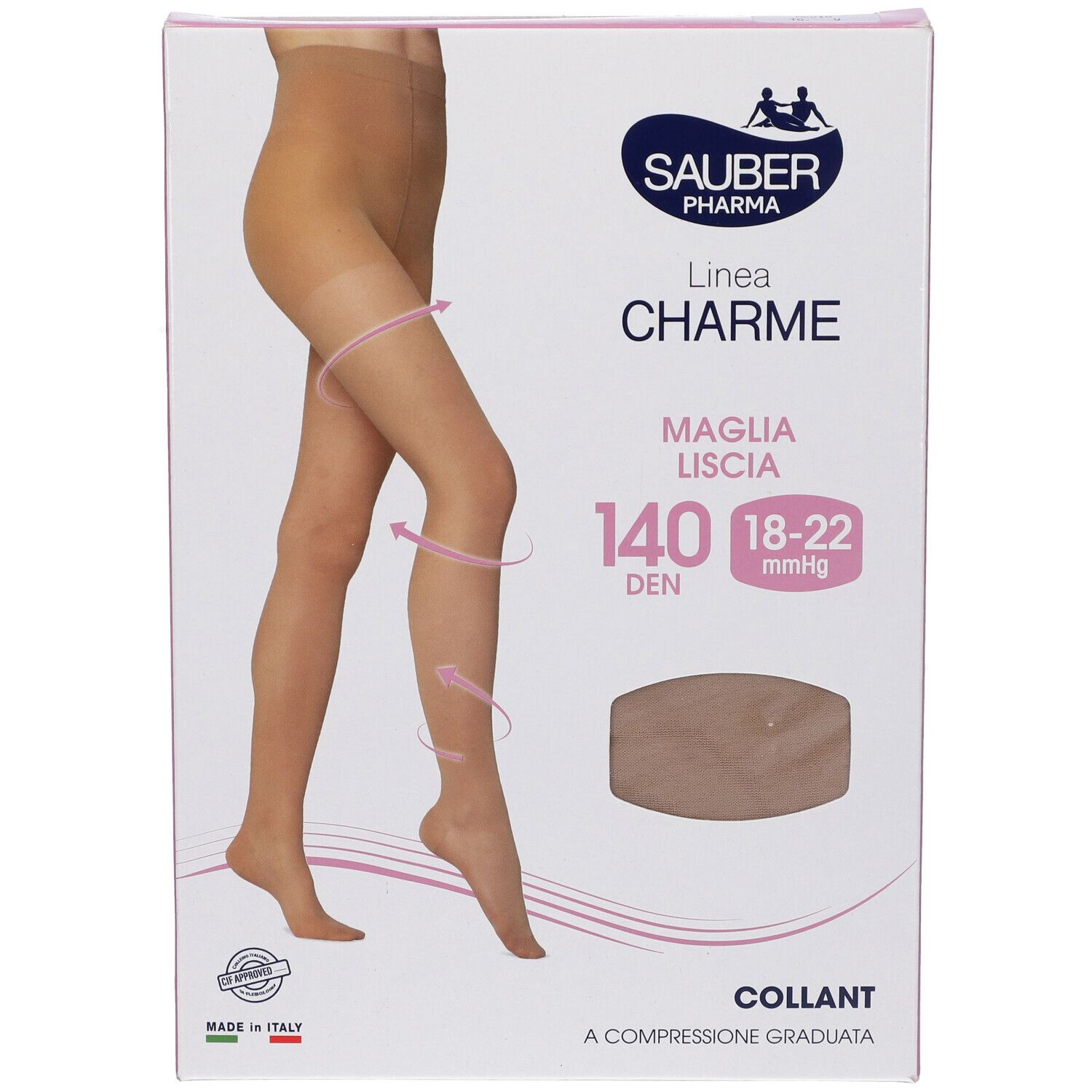 Confezione collant Sauber Pharma, linea Charme. 140 den, 18-22 mmHg. Immagine collant beige con frecce.