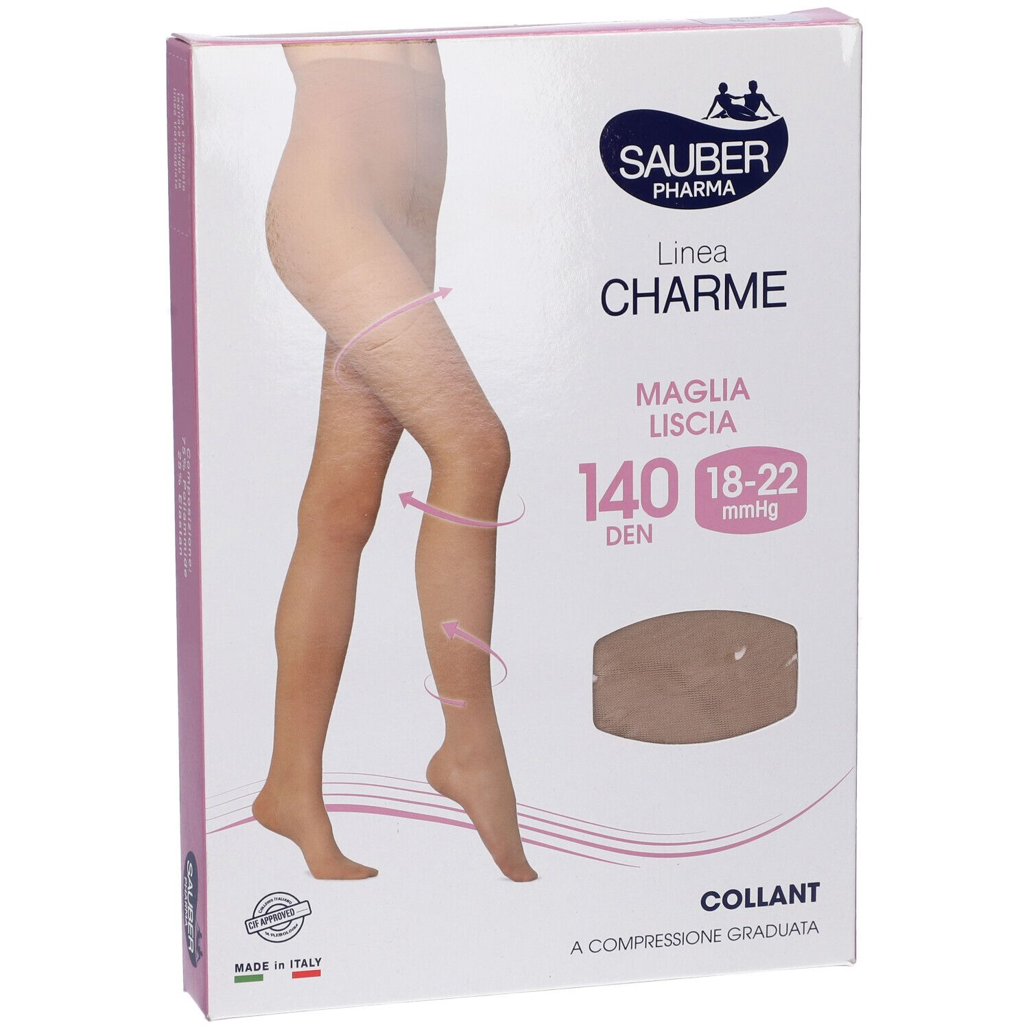 Confezione collant Sauber Pharma, linea Charme. 140 den, 18-22 mmHg. Immagine collant beige con frecce.
