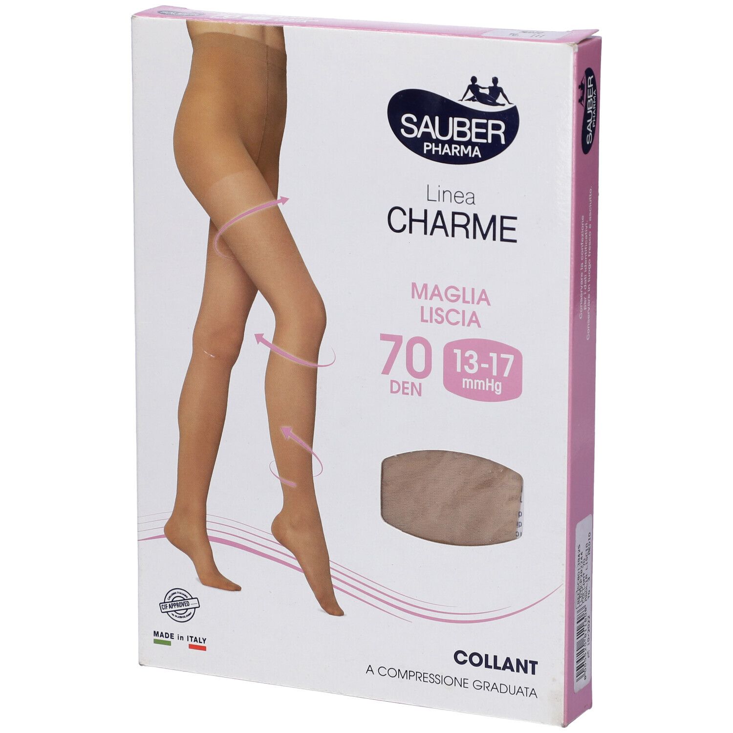 Confezione di collant Sauber Pharma, linea Charme. 70 den, 13-17 mmHg. Collant beige raffigurato. Prodotto in Italia. Logo Sauber Pharma.