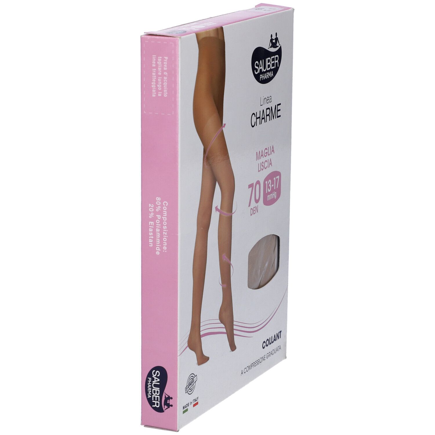 Confezione di collant Sauber Pharma, linea Charme. 70 den, 13-17 mmHg. Collant beige raffigurato. Prodotto in Italia. Logo Sauber Pharma.