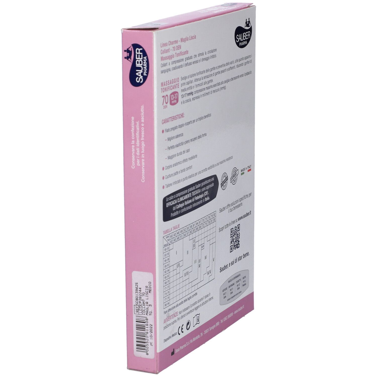 Vista laterale della confezione. Marchio Sauber Pharma. Informazioni sul prodotto, tabella taglie, certificazioni. Prodotto in Italia. QR code e indirizzo web.