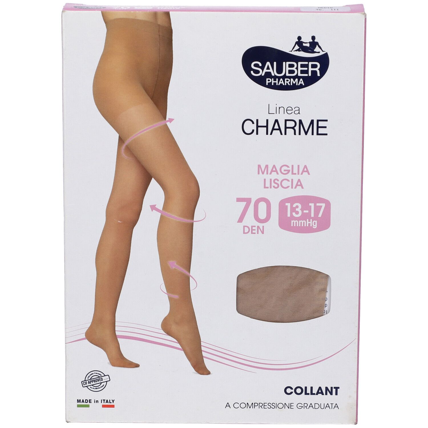 Confezione di collant Sauber Pharma, linea Charme. 70 den, 13-17 mmHg. Collant beige raffigurato. Prodotto in Italia. Logo Sauber Pharma.