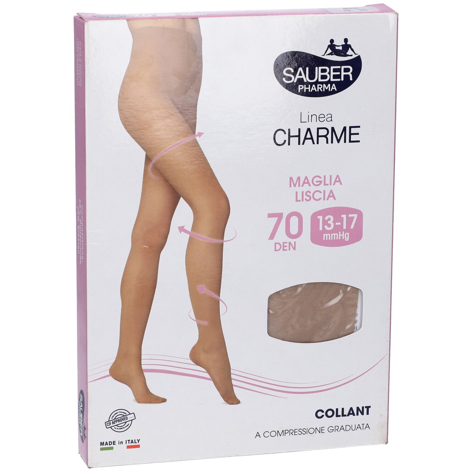Confezione di collant Sauber Pharma, linea Charme. 70 den, 13-17 mmHg. Collant beige raffigurato. Prodotto in Italia. Logo Sauber Pharma.