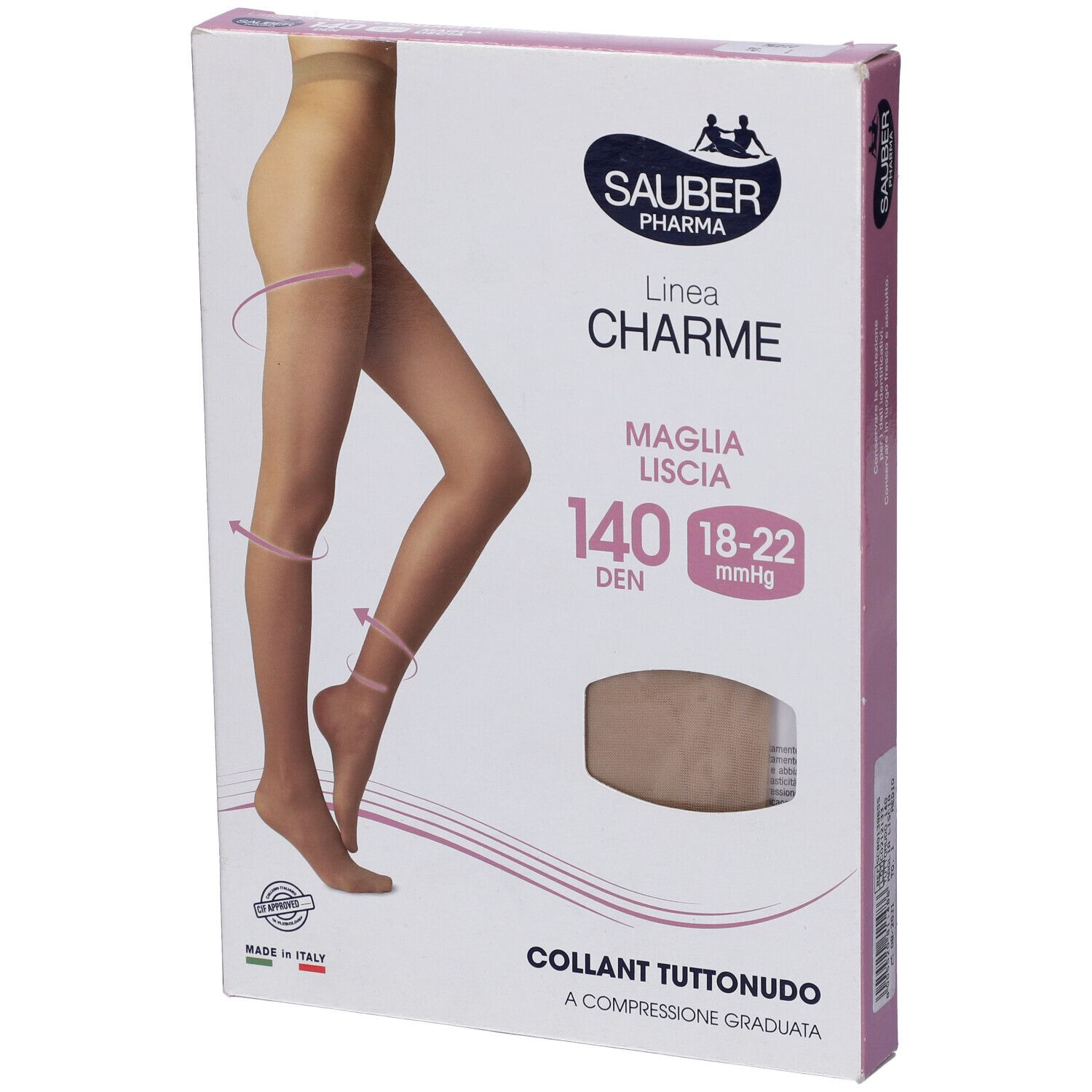 Confezione di Sauber Charme Collant. Scritto: 140 Den, 18-22 mmHg, Collant Tuttonudo. Made in Italy.
