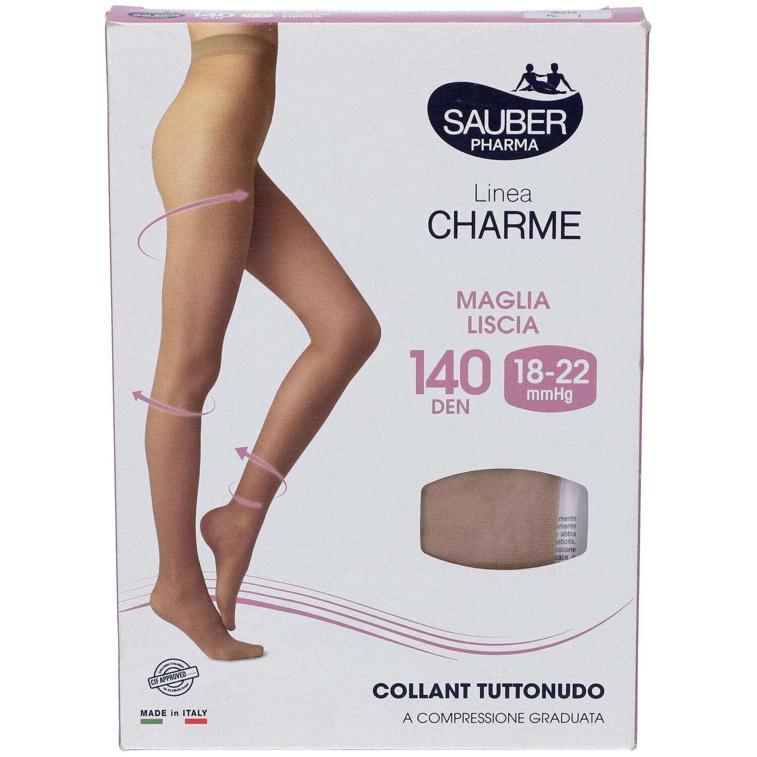 Confezione di Sauber Charme Collant. Scritto: 140 Den, 18-22 mmHg, Collant Tuttonudo. Made in Italy.