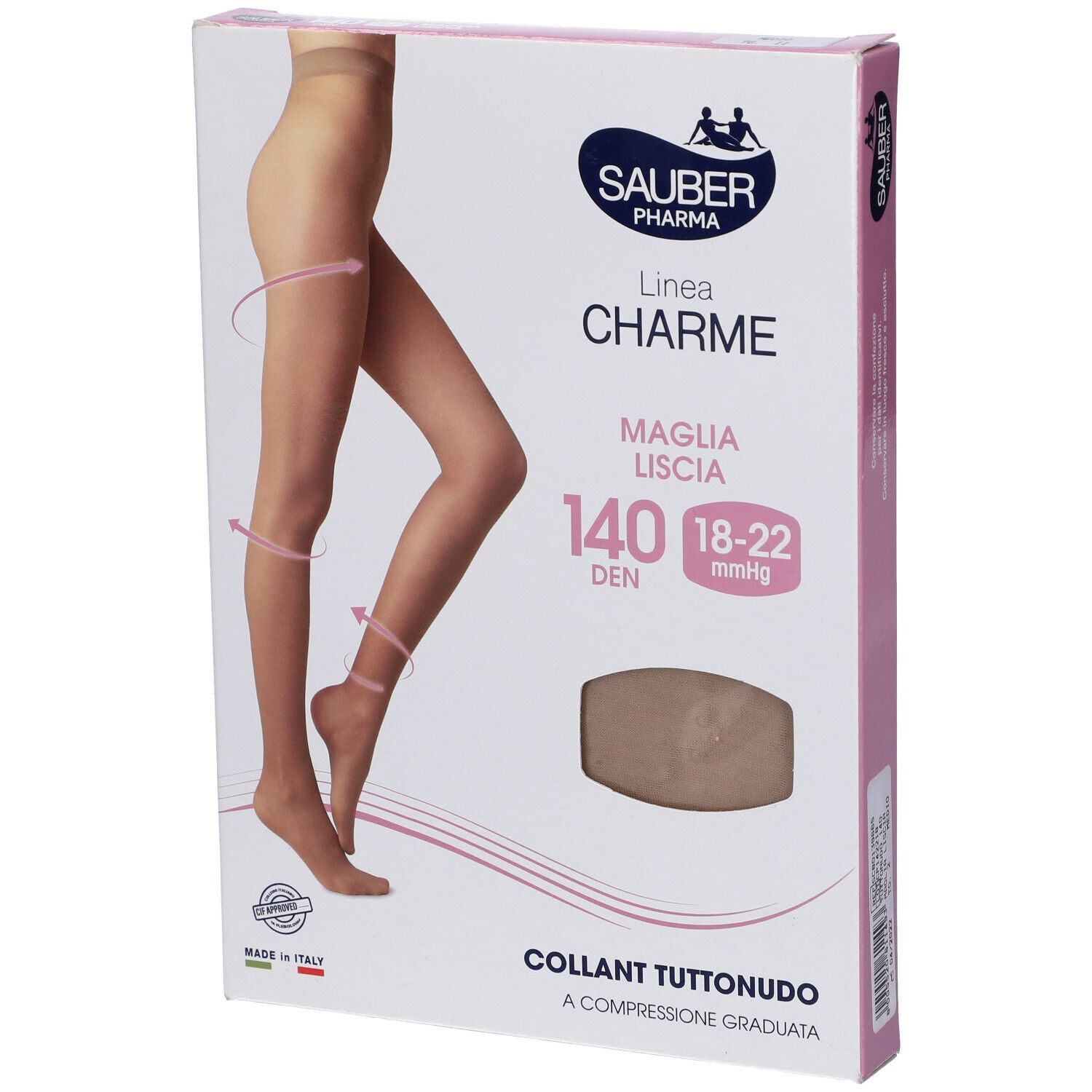 Confezione di Sauber Charme Collant. Scritta: 140 Den, 18-22 mmHg, Collant Tuttonudo. Marchio Sauber Pharma.