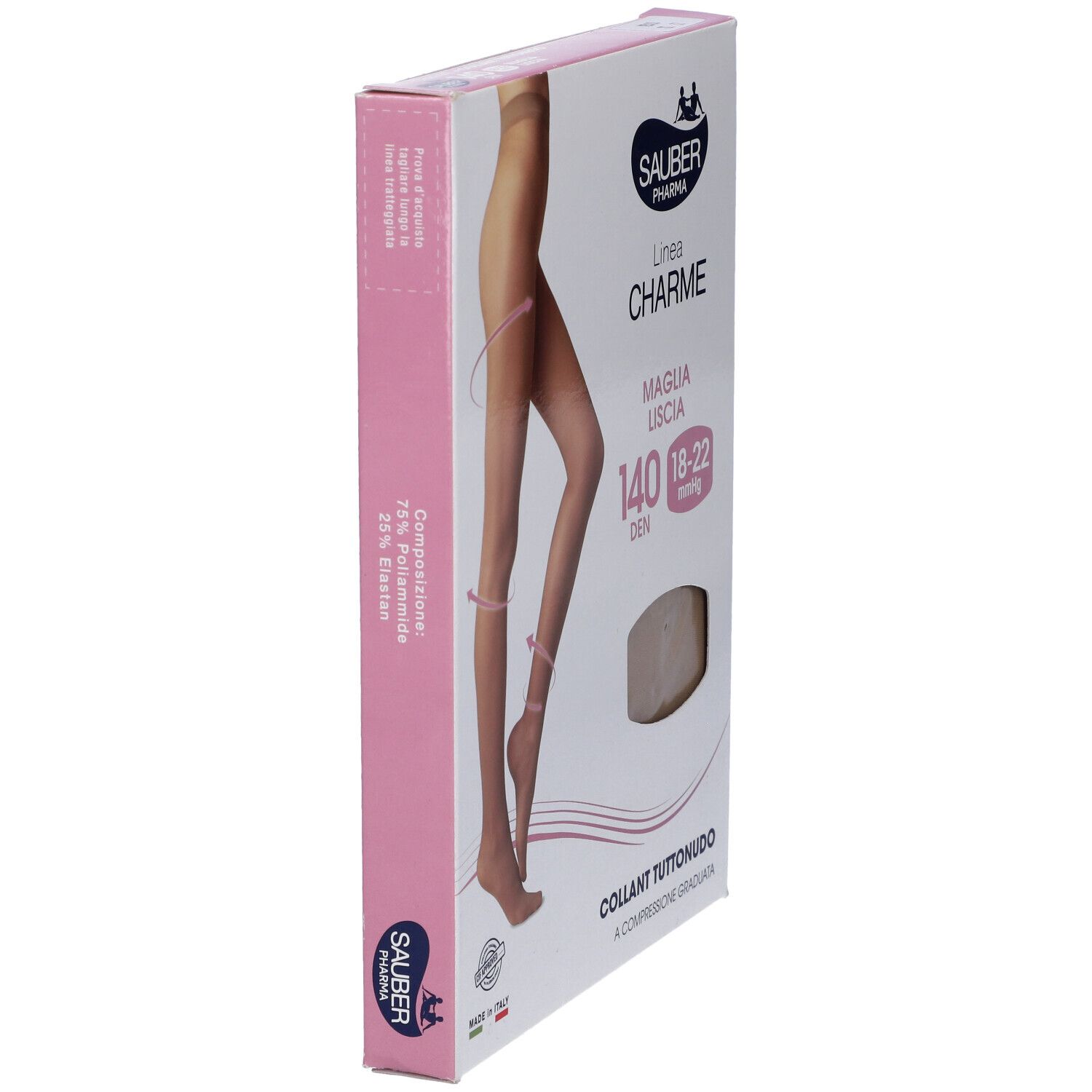 Confezione di Sauber Charme Collant. Scritta: 140 Den, 18-22 mmHg, Collant Tuttonudo. Marchio Sauber Pharma.