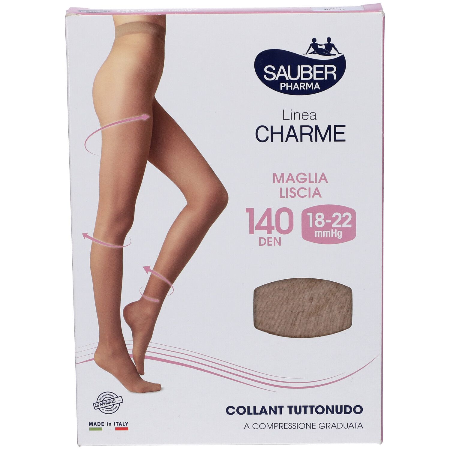 Confezione di Sauber Charme Collant. Scritta: 140 Den, 18-22 mmHg, Collant Tuttonudo. Marchio Sauber Pharma.