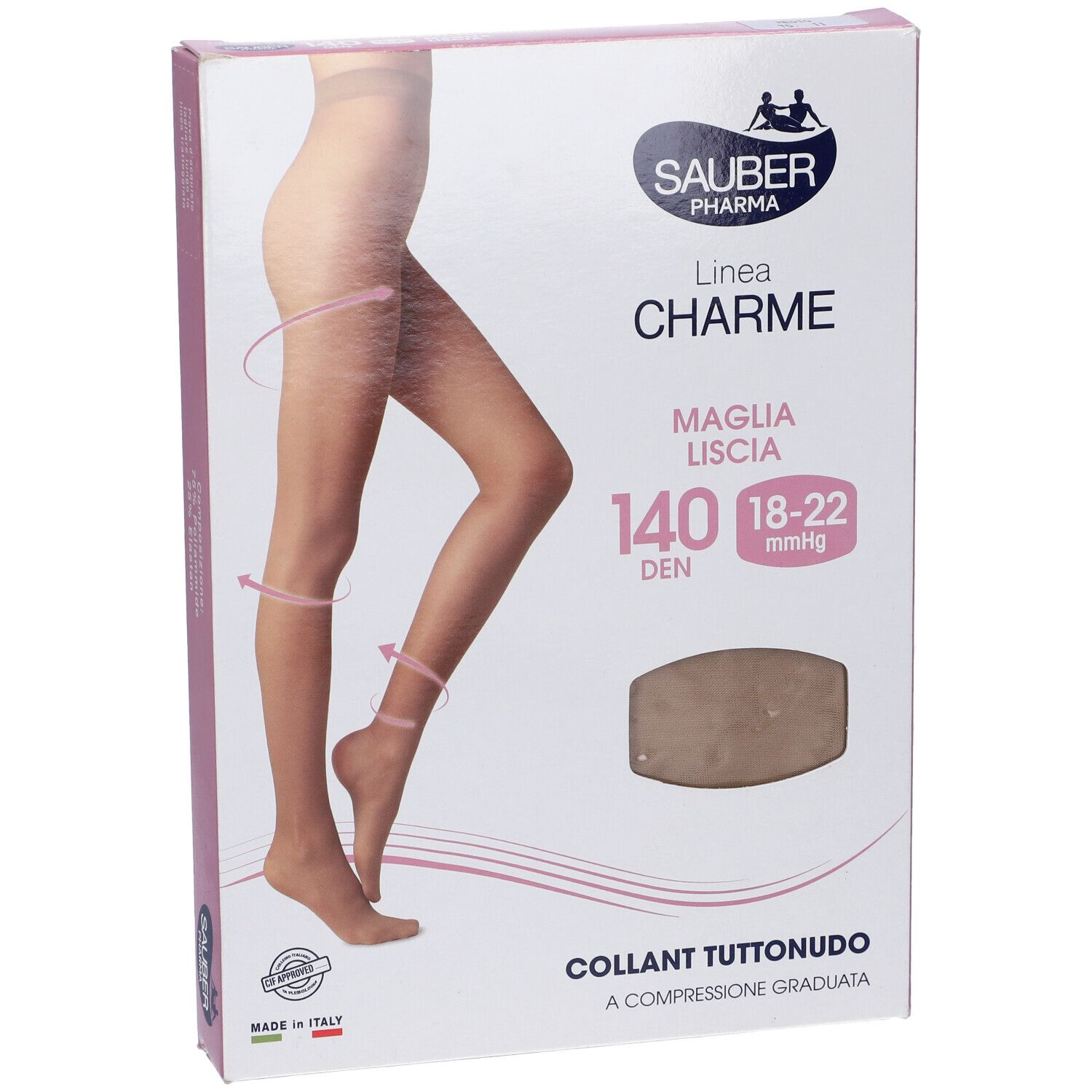 Confezione di Sauber Charme Collant. Scritta: 140 Den, 18-22 mmHg, Collant Tuttonudo. Marchio Sauber Pharma.