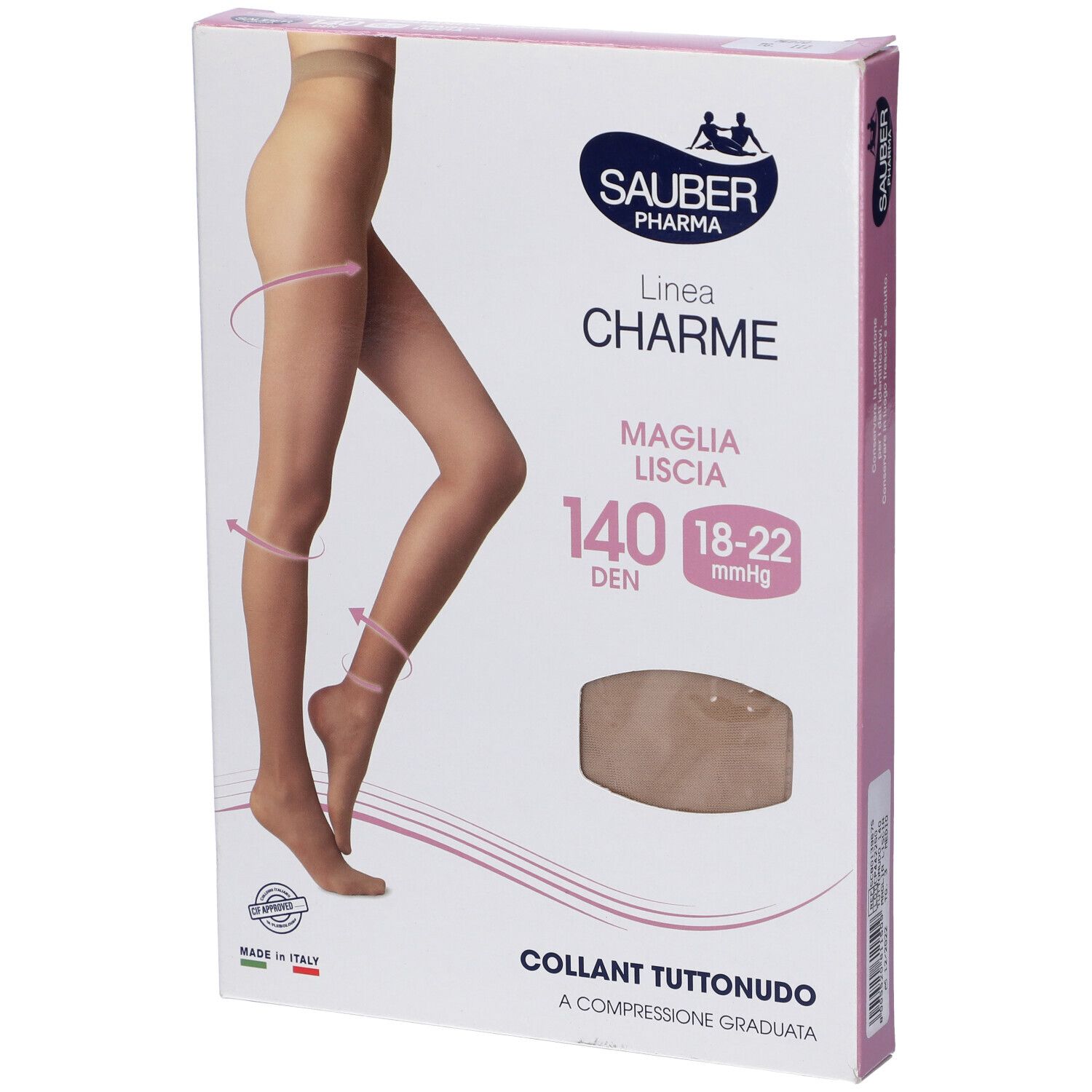 Confezione collant Sauber Pharma, linea Charme. 140 den, Tuttonudo, compressione 18-22 mmHg. Made in Italy.