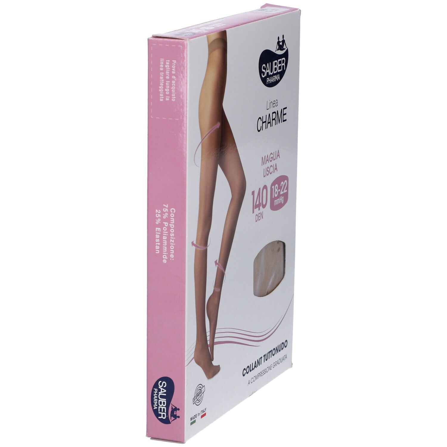 Confezione collant Sauber Pharma, linea Charme. 140 den, Tuttonudo, compressione 18-22 mmHg. Made in Italy.