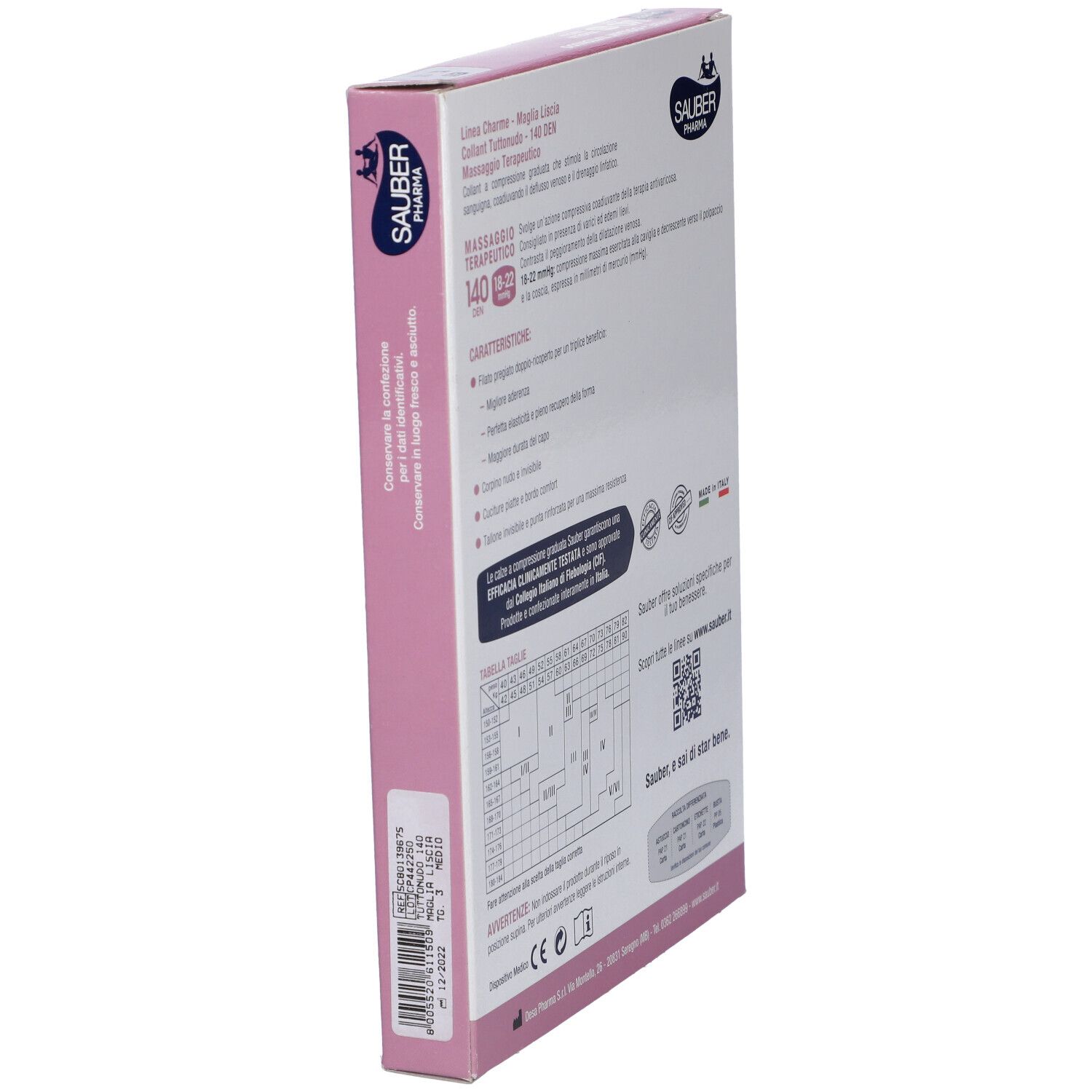 Vista laterale della confezione. Sauber Pharma. Informazioni sui collant, QR code e certificazioni.