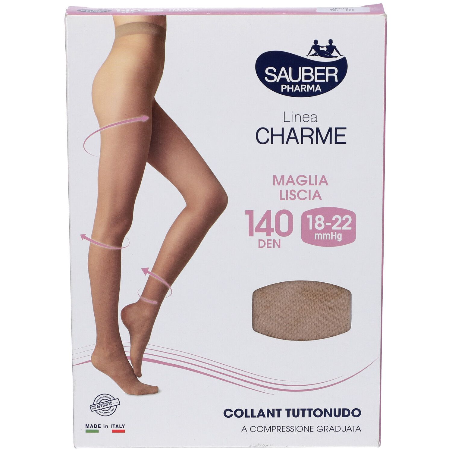 Confezione collant Sauber Pharma, linea Charme. 140 den, Tuttonudo, compressione 18-22 mmHg. Made in Italy.