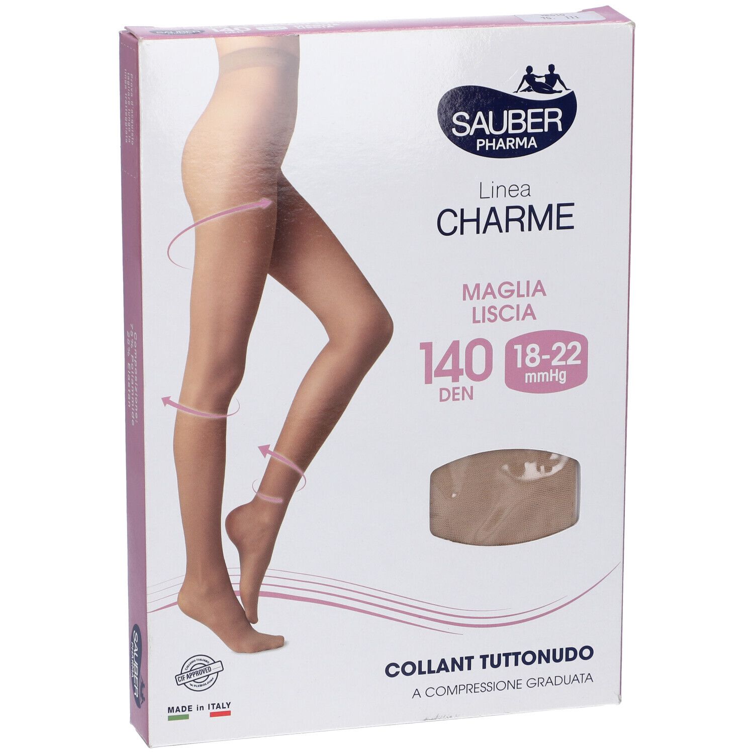 Confezione collant Sauber Pharma, linea Charme. 140 den, Tuttonudo, compressione 18-22 mmHg. Made in Italy.