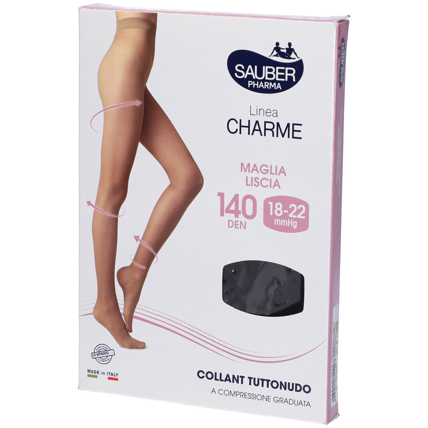 Confezione collant Sauber Charme, 140 den, modello Tuttonudo nero. Taglia 18-22 mmHg. Marchio Sauber Pharma.