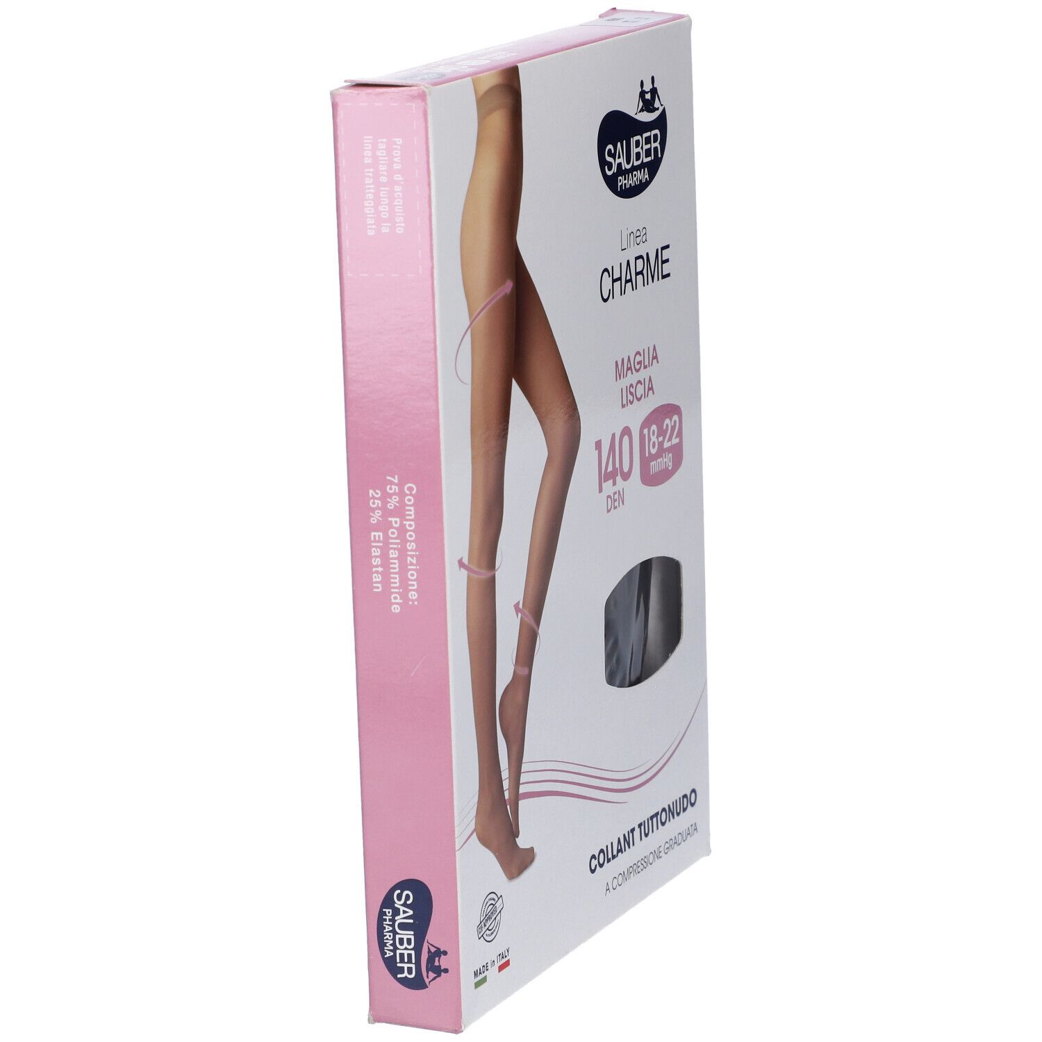 Vista laterale della confezione. Collant Sauber Charme, 140 den, modello Tuttonudo. Taglia 18-22 mmHg.