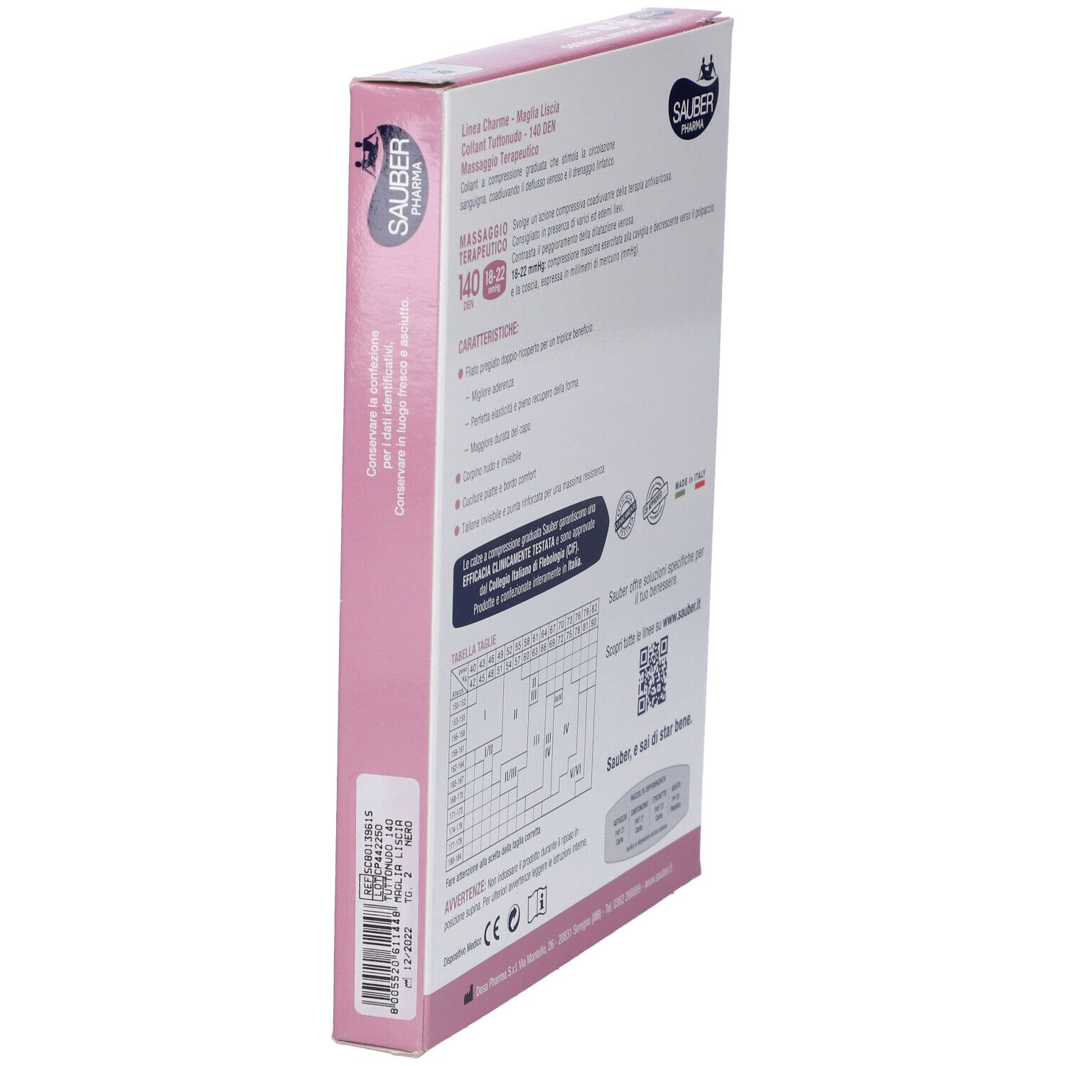 Vista laterale della confezione. Informazioni sui collant Sauber Charme, 140 den, 18-22 mmHg.